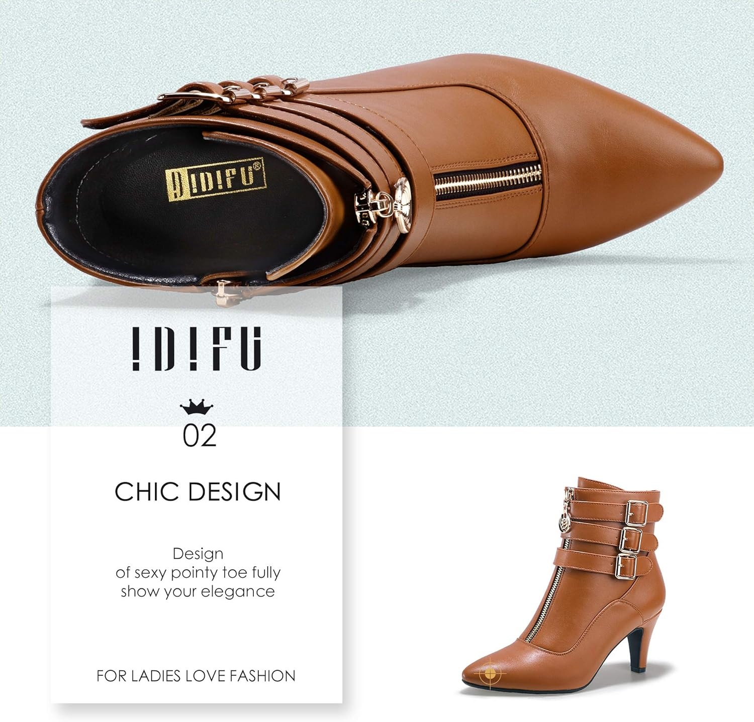 image:imageIDIFU Womens Pointed Toe Metal Buckle Two Strap Ankle Booties Side Zipper Kitten Heel Dress Classic Short BootsBrown Pu