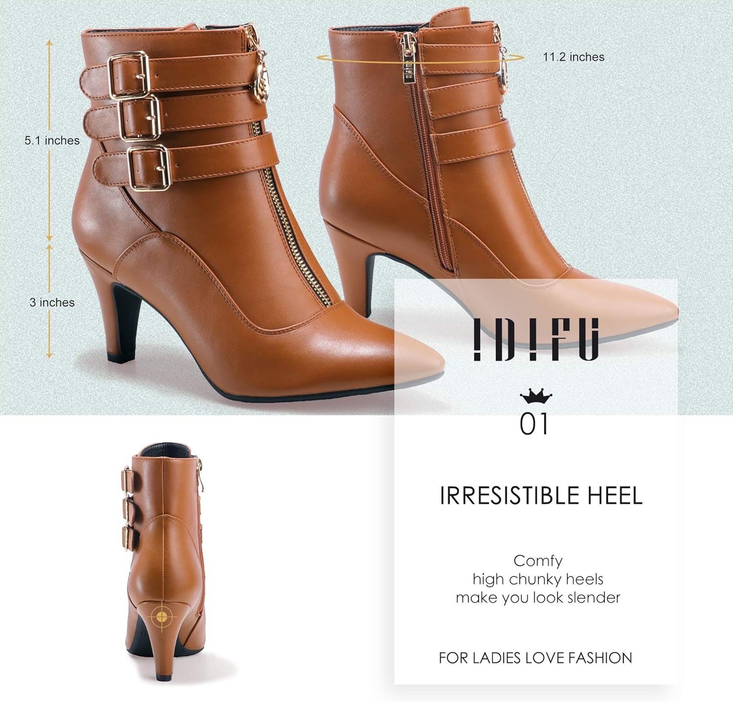 image:imageIDIFU Womens Pointed Toe Metal Buckle Two Strap Ankle Booties Side Zipper Kitten Heel Dress Classic Short BootsBrown Pu