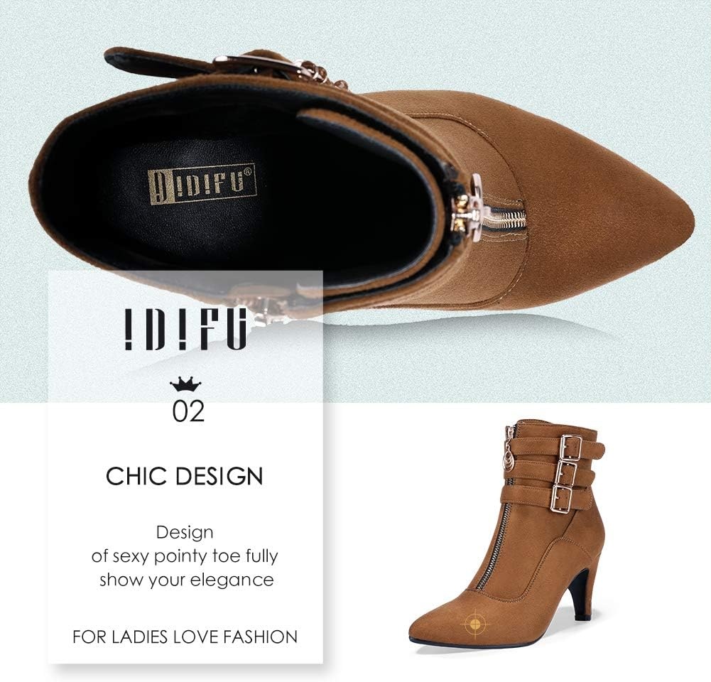 image:imageIDIFU Womens Pointed Toe Metal Buckle Two Strap Ankle Booties Side Zipper Kitten Heel Dress Classic Short BootsBrown Suede