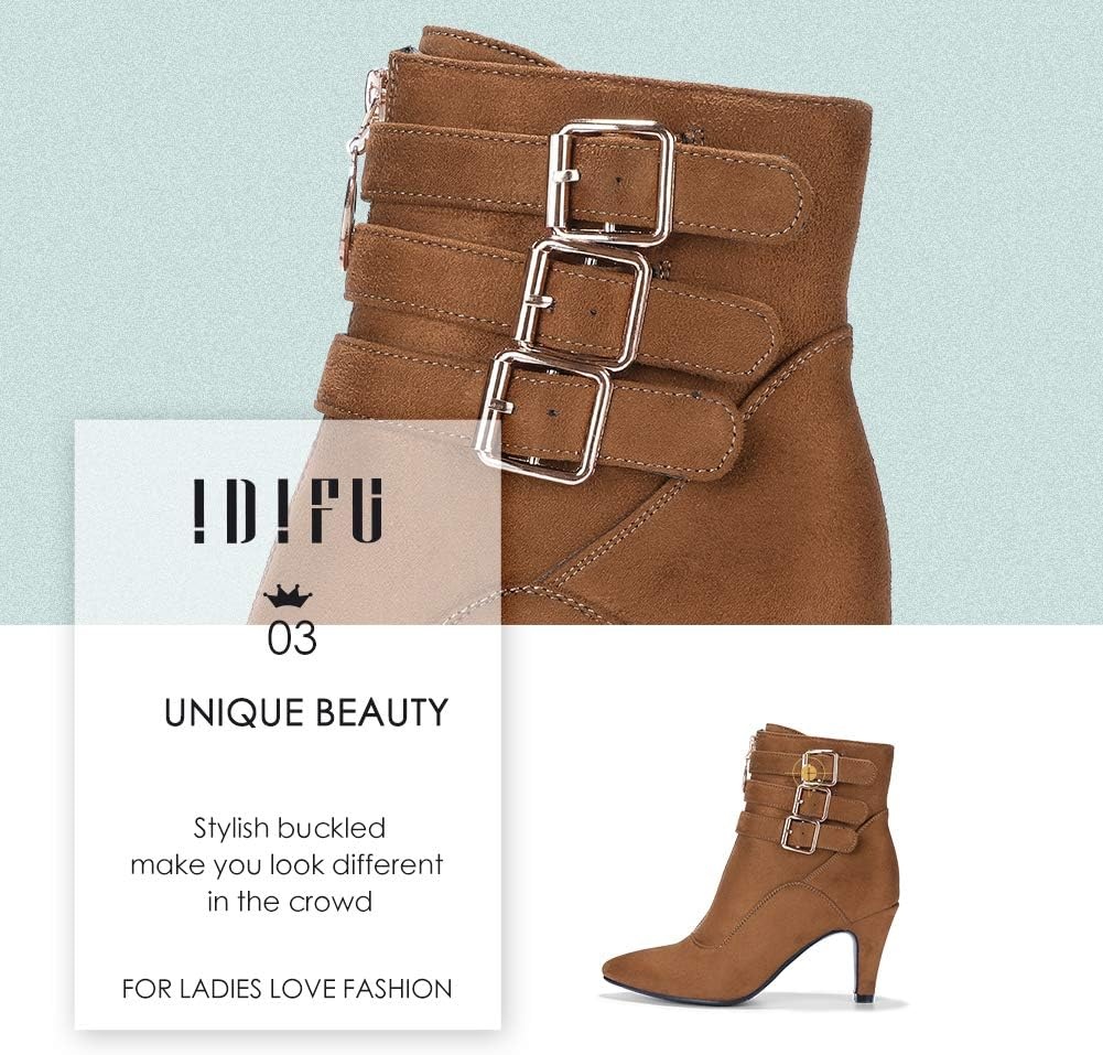 image:imageIDIFU Womens Pointed Toe Metal Buckle Two Strap Ankle Booties Side Zipper Kitten Heel Dress Classic Short BootsBrown Suede