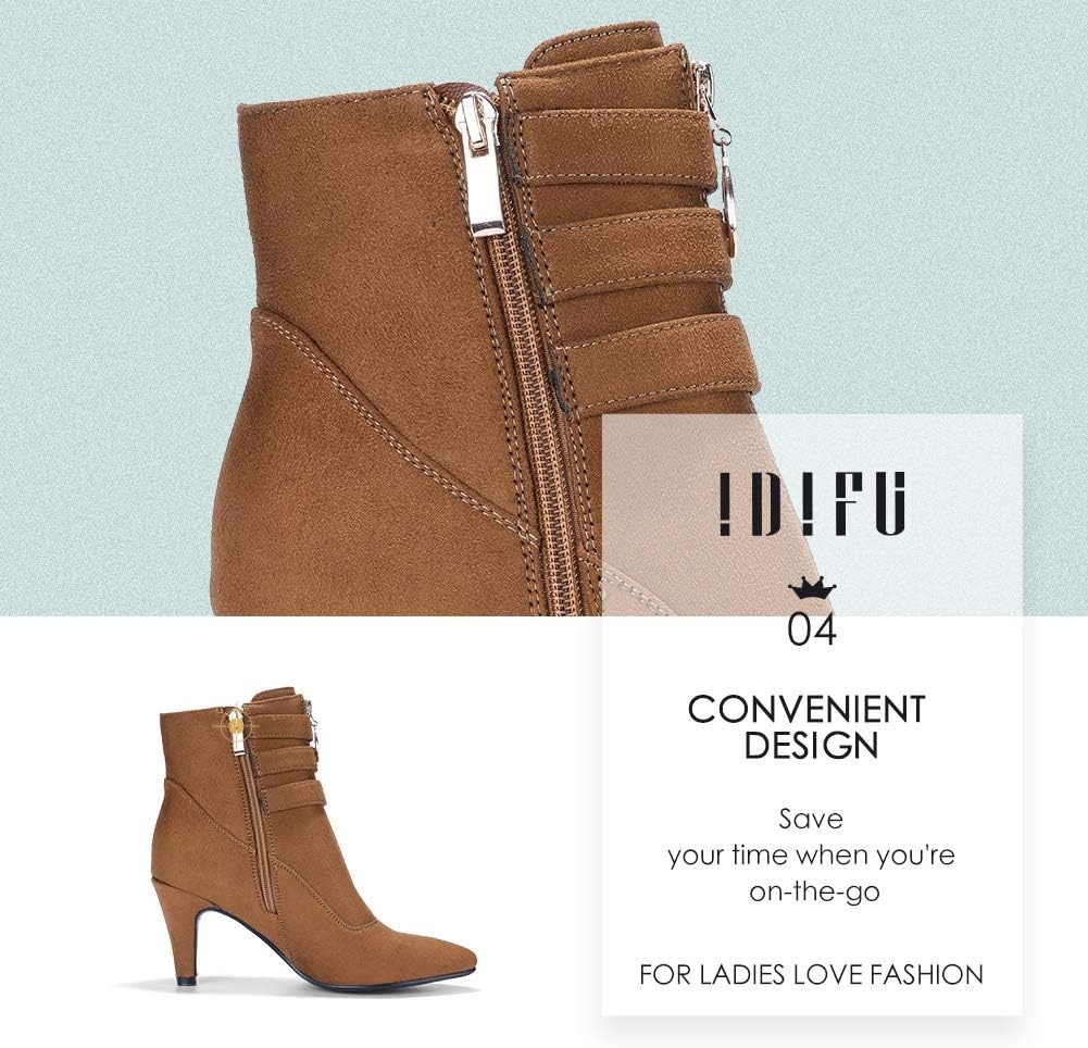 image:imageIDIFU Womens Pointed Toe Metal Buckle Two Strap Ankle Booties Side Zipper Kitten Heel Dress Classic Short BootsBrown Suede