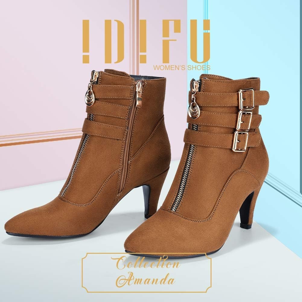 image:imageIDIFU Womens Pointed Toe Metal Buckle Two Strap Ankle Booties Side Zipper Kitten Heel Dress Classic Short BootsBrown Suede
