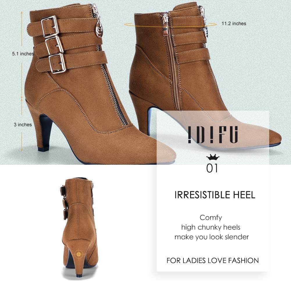 image:imageIDIFU Womens Pointed Toe Metal Buckle Two Strap Ankle Booties Side Zipper Kitten Heel Dress Classic Short BootsBrown Suede