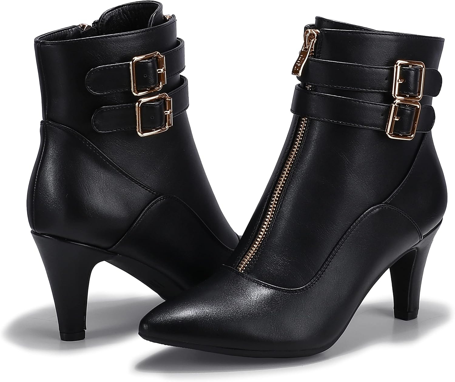 image:imageIDIFU Womens Pointed Toe Metal Buckle Two Strap Ankle Booties Side Zipper Kitten Heel Dress Classic Short BootsD Black Pu