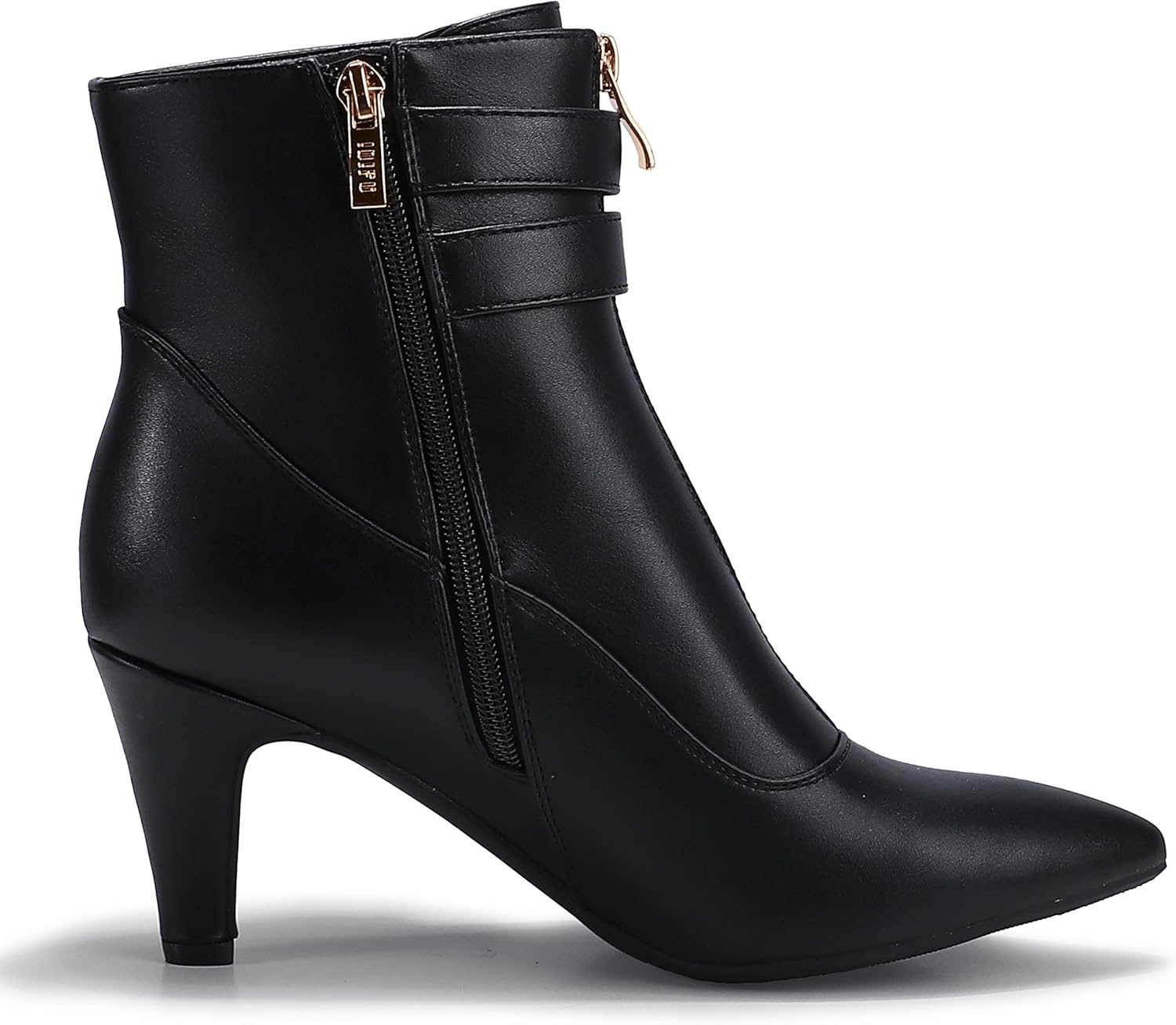 image:imageIDIFU Womens Pointed Toe Metal Buckle Two Strap Ankle Booties Side Zipper Kitten Heel Dress Classic Short BootsD Black Pu