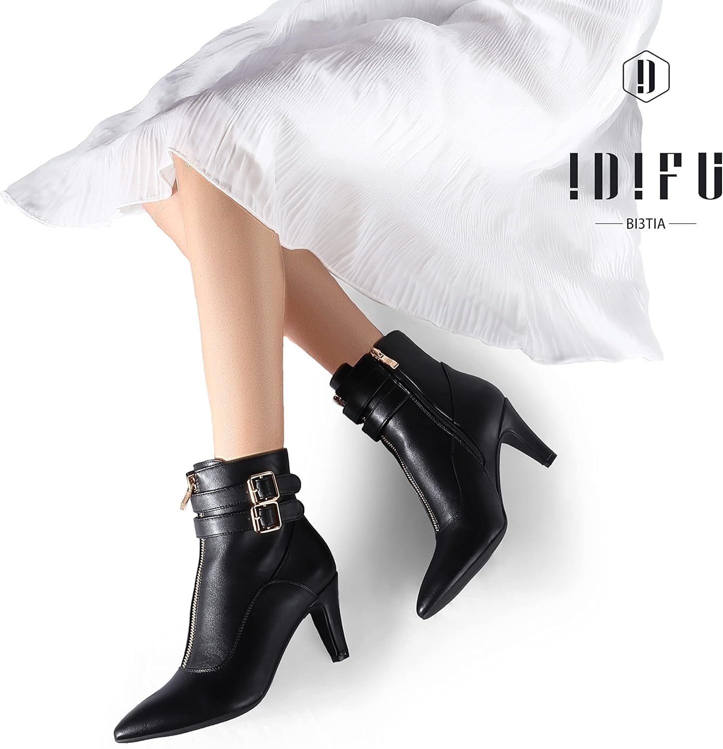 image:imageIDIFU Womens Pointed Toe Metal Buckle Two Strap Ankle Booties Side Zipper Kitten Heel Dress Classic Short BootsD Black Pu