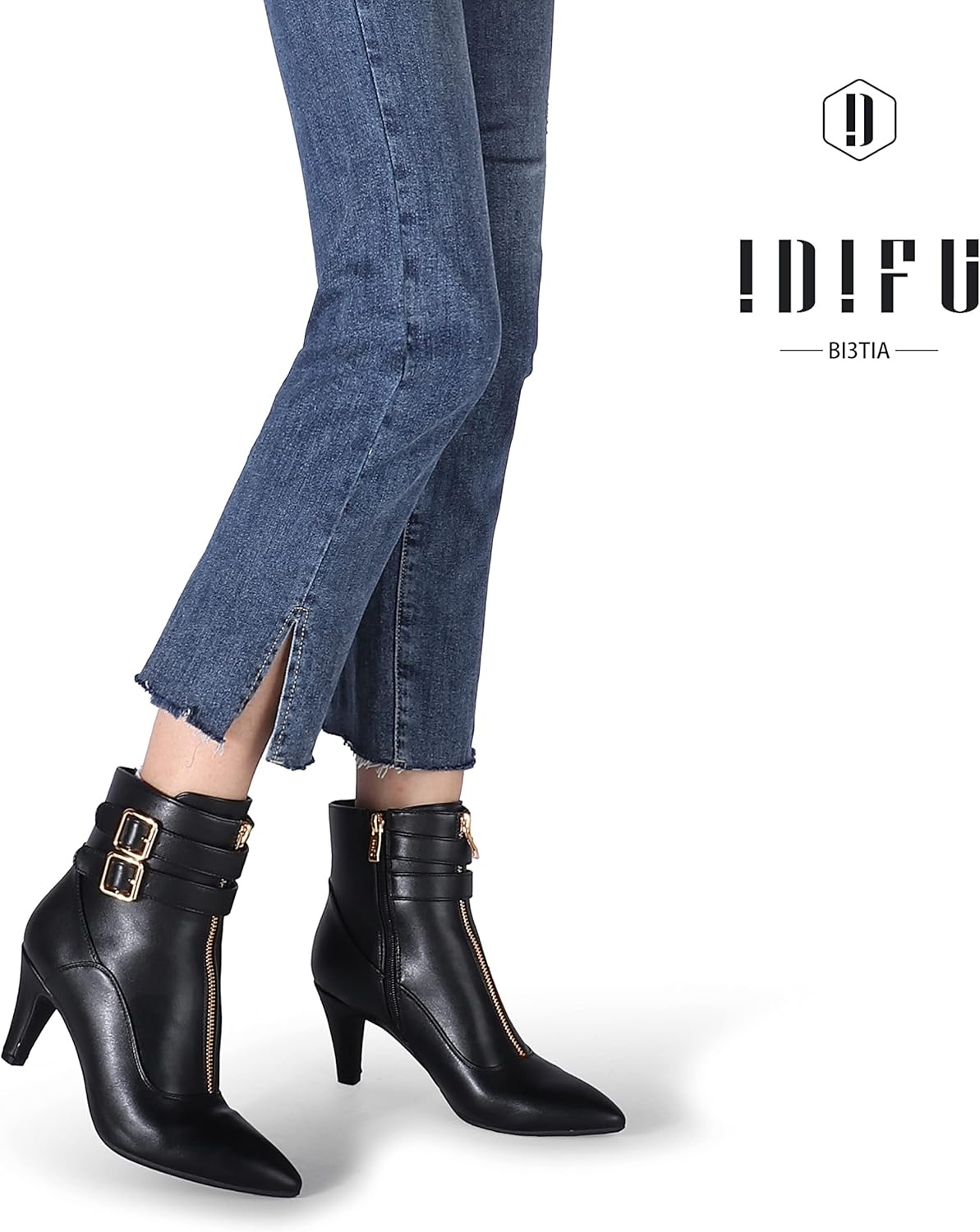 image:imageIDIFU Womens Pointed Toe Metal Buckle Two Strap Ankle Booties Side Zipper Kitten Heel Dress Classic Short BootsD Black Pu