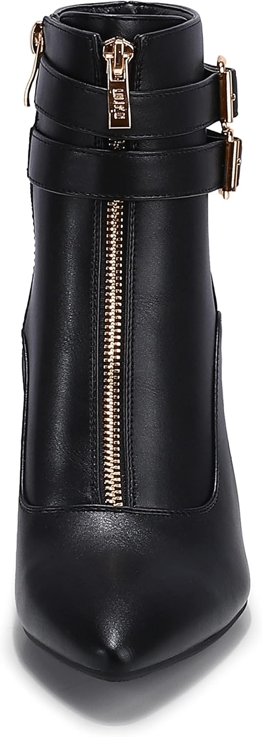 image:imageIDIFU Womens Pointed Toe Metal Buckle Two Strap Ankle Booties Side Zipper Kitten Heel Dress Classic Short BootsD Black Pu