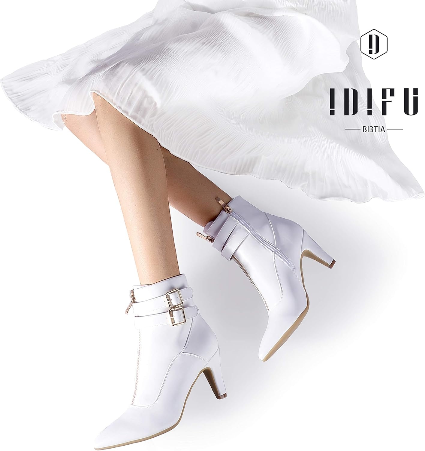 image:imageIDIFU Womens Pointed Toe Metal Buckle Two Strap Ankle Booties Side Zipper Kitten Heel Dress Classic Short BootsD White Pu