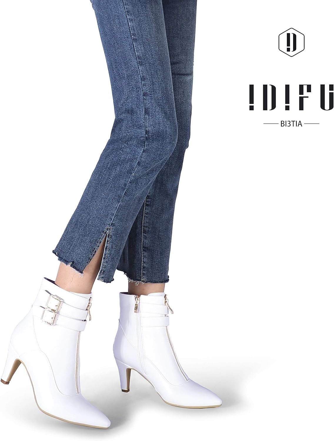 image:imageIDIFU Womens Pointed Toe Metal Buckle Two Strap Ankle Booties Side Zipper Kitten Heel Dress Classic Short BootsD White Pu