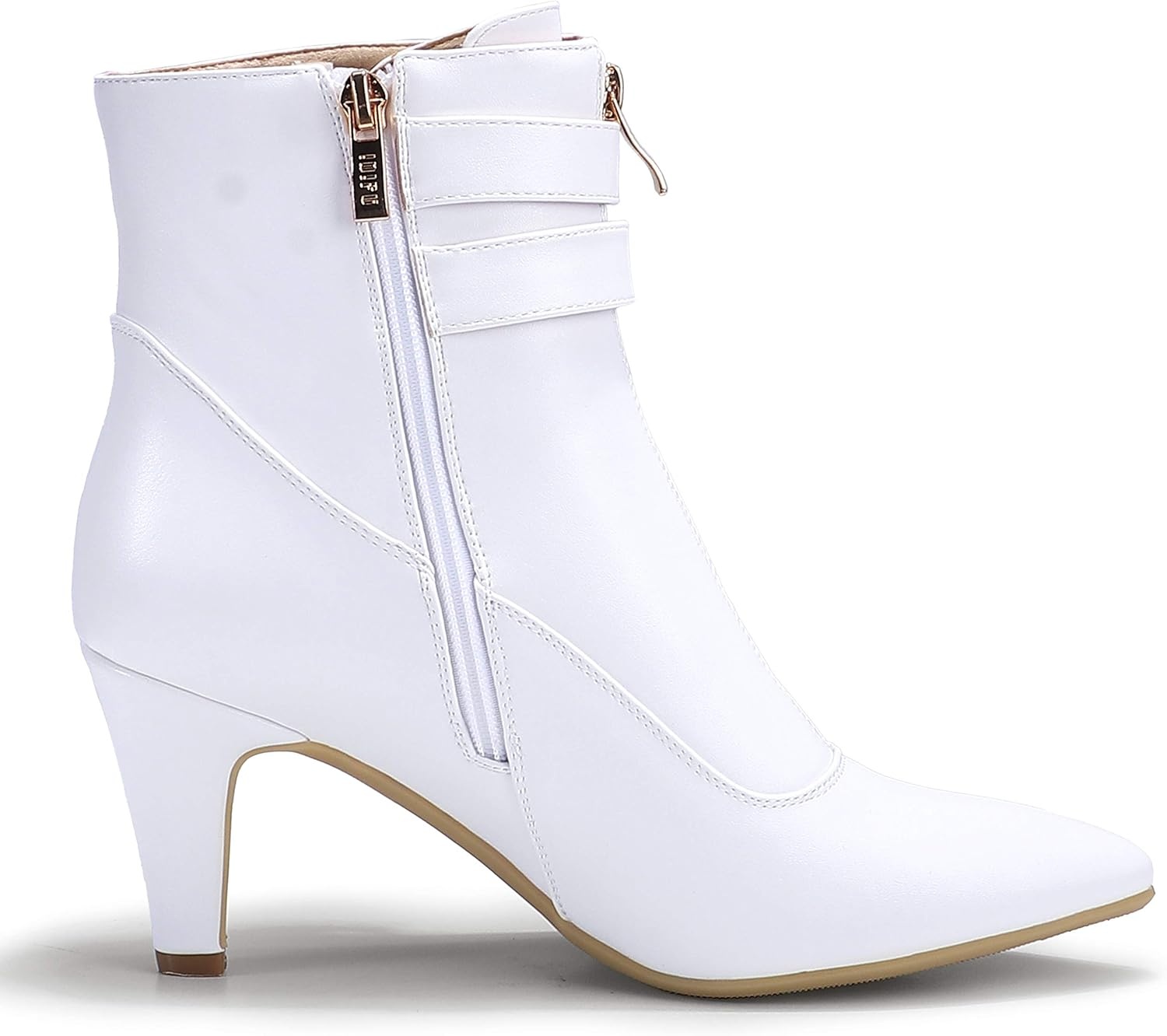 image:imageIDIFU Womens Pointed Toe Metal Buckle Two Strap Ankle Booties Side Zipper Kitten Heel Dress Classic Short BootsD White Pu