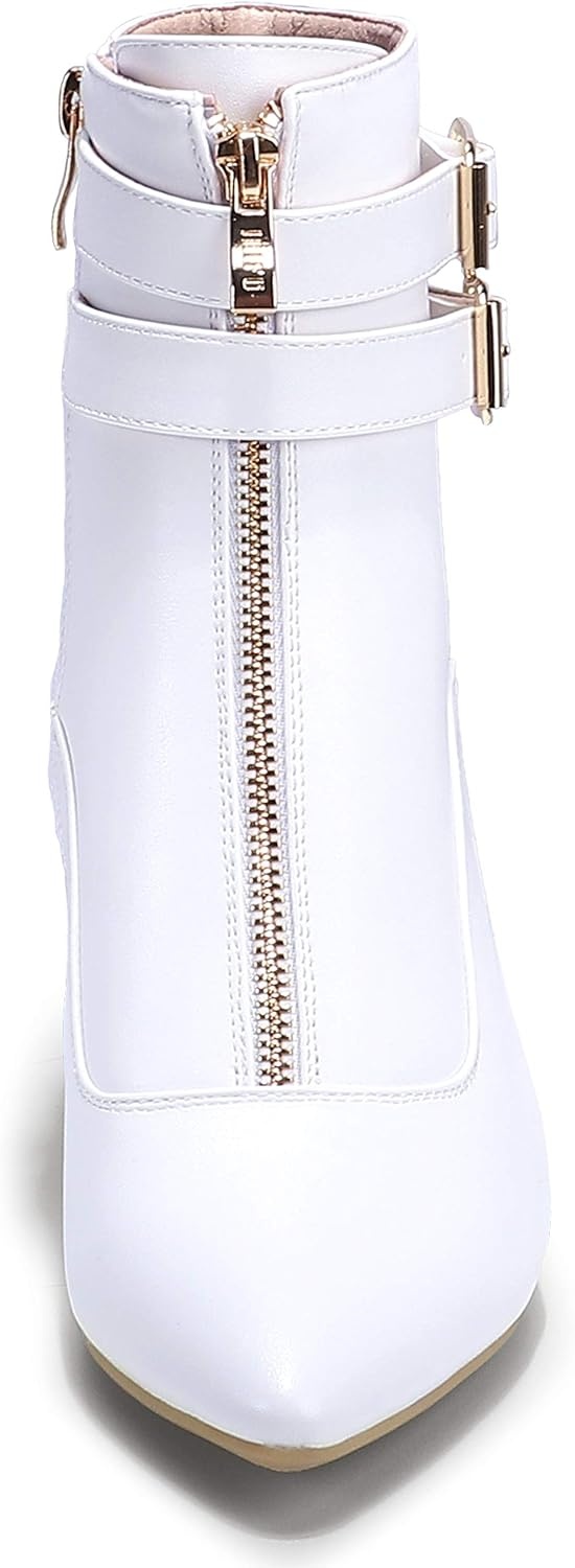 image:imageIDIFU Womens Pointed Toe Metal Buckle Two Strap Ankle Booties Side Zipper Kitten Heel Dress Classic Short BootsD White Pu