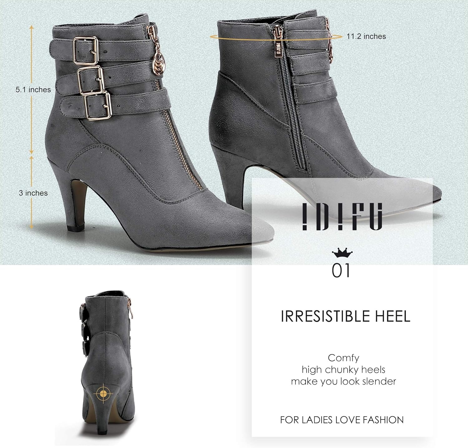 image:imageIDIFU Womens Pointed Toe Metal Buckle Two Strap Ankle Booties Side Zipper Kitten Heel Dress Classic Short BootsGray Suede