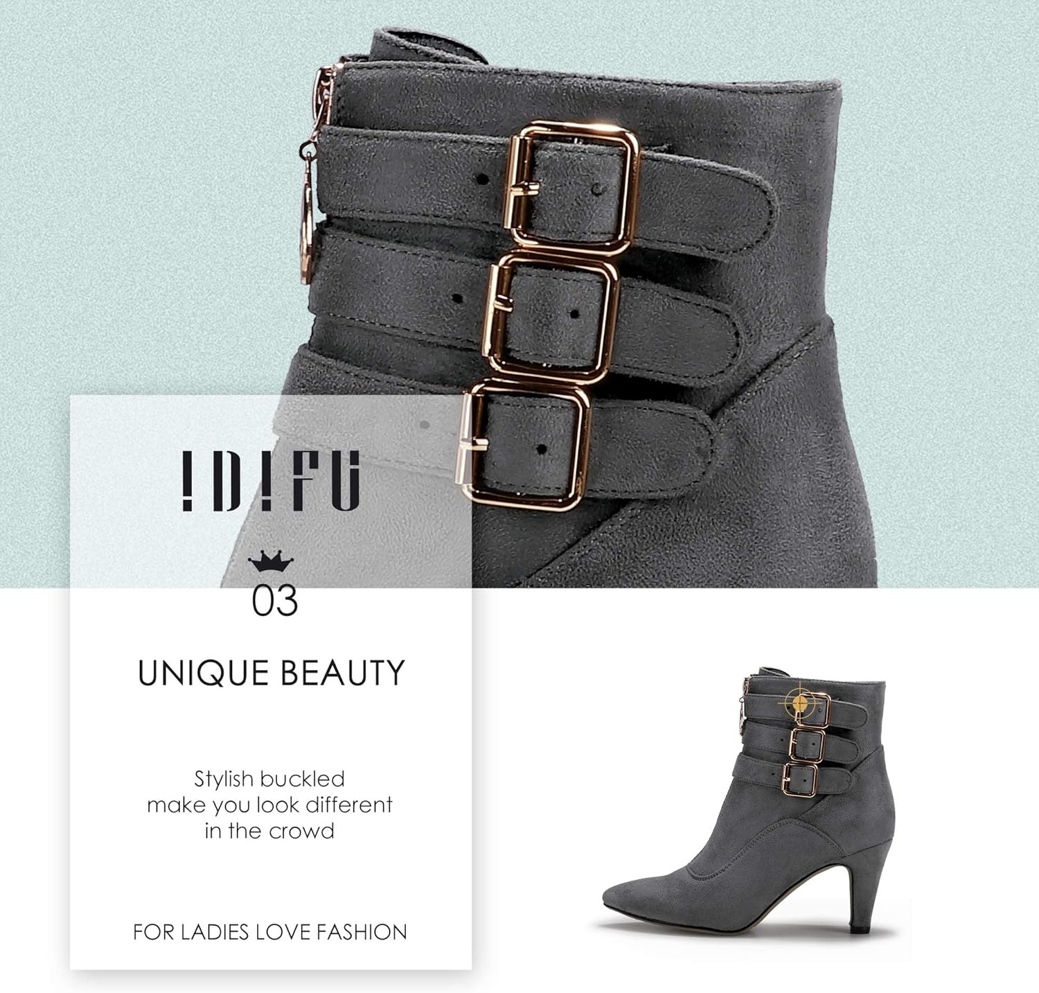 image:imageIDIFU Womens Pointed Toe Metal Buckle Two Strap Ankle Booties Side Zipper Kitten Heel Dress Classic Short BootsGray Suede