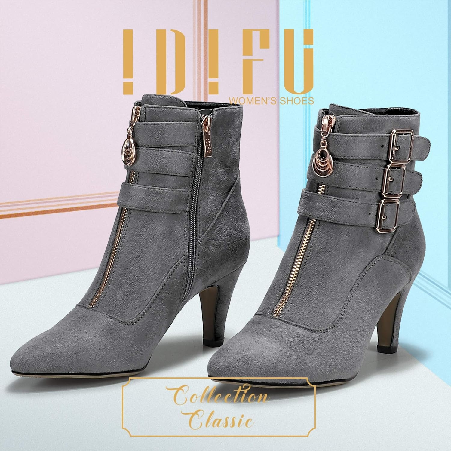image:imageIDIFU Womens Pointed Toe Metal Buckle Two Strap Ankle Booties Side Zipper Kitten Heel Dress Classic Short BootsGray Suede