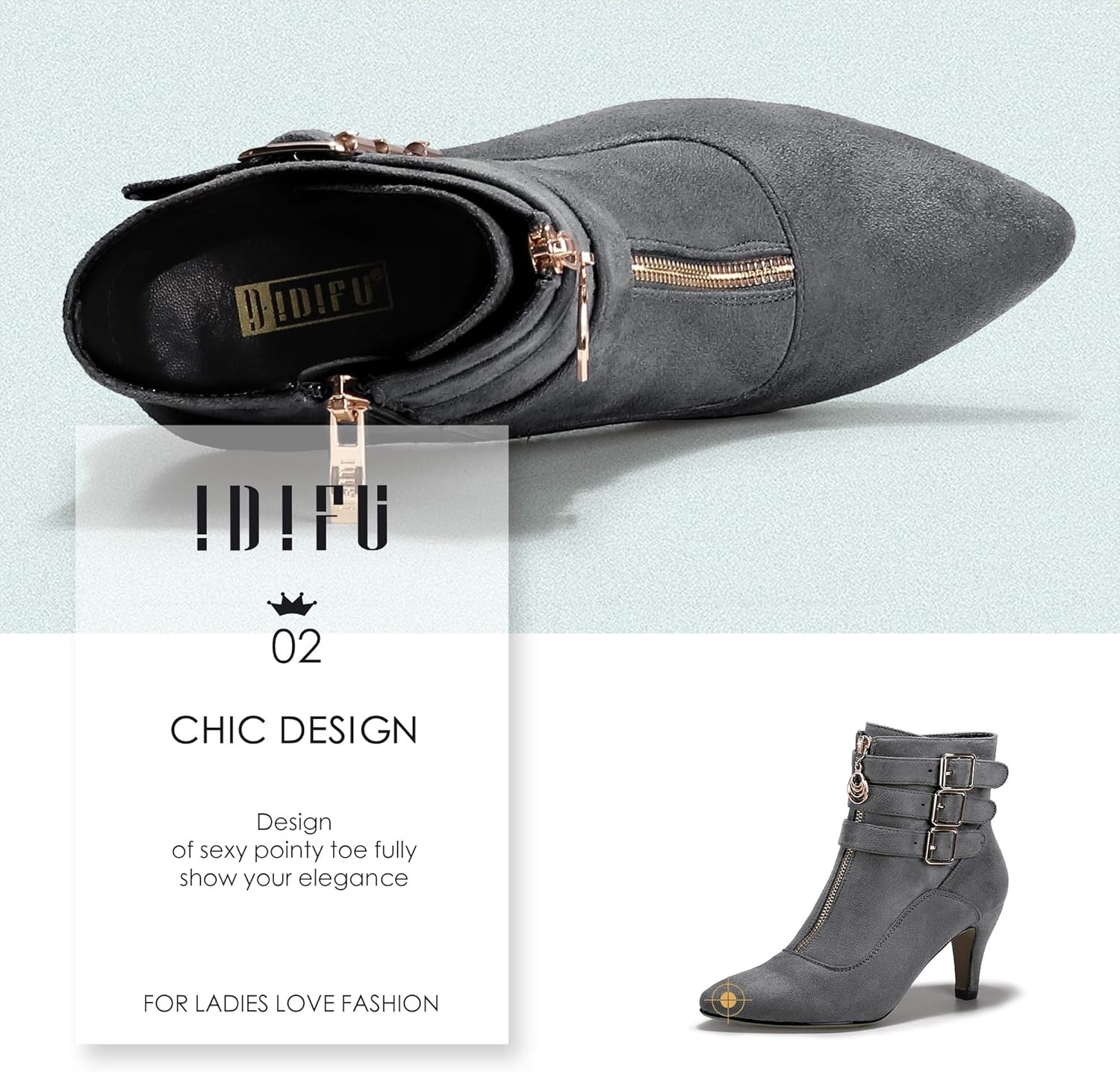 image:imageIDIFU Womens Pointed Toe Metal Buckle Two Strap Ankle Booties Side Zipper Kitten Heel Dress Classic Short BootsGray Suede