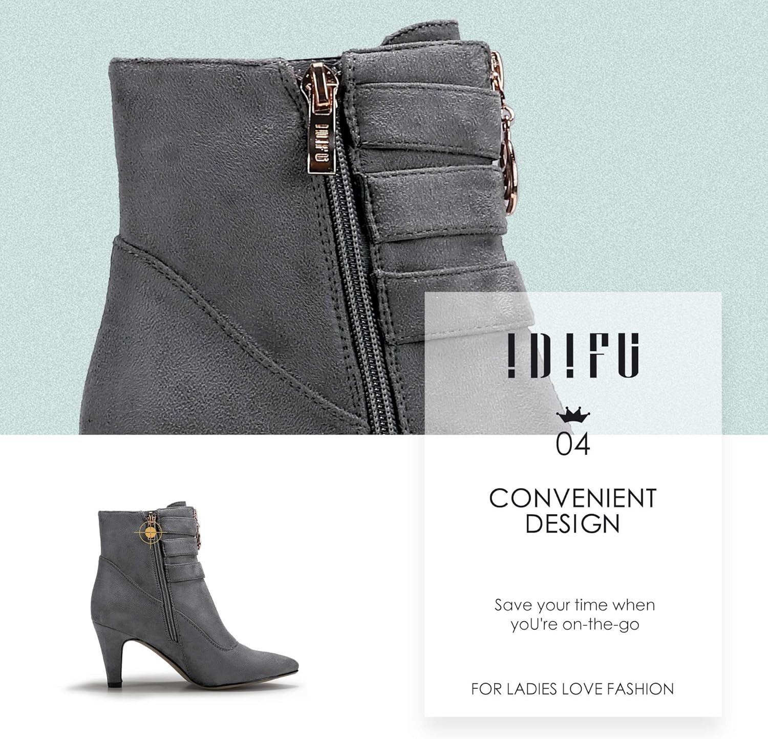 image:imageIDIFU Womens Pointed Toe Metal Buckle Two Strap Ankle Booties Side Zipper Kitten Heel Dress Classic Short BootsGray Suede