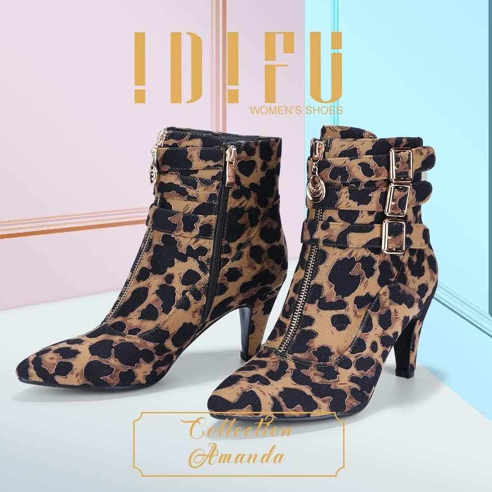 image:imageIDIFU Womens Pointed Toe Metal Buckle Two Strap Ankle Booties Side Zipper Kitten Heel Dress Classic Short BootsLeopard