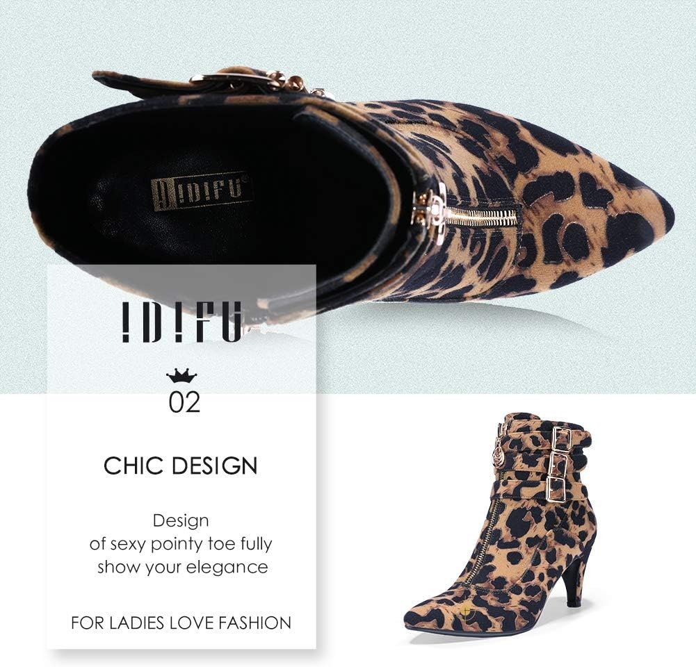 image:imageIDIFU Womens Pointed Toe Metal Buckle Two Strap Ankle Booties Side Zipper Kitten Heel Dress Classic Short BootsLeopard