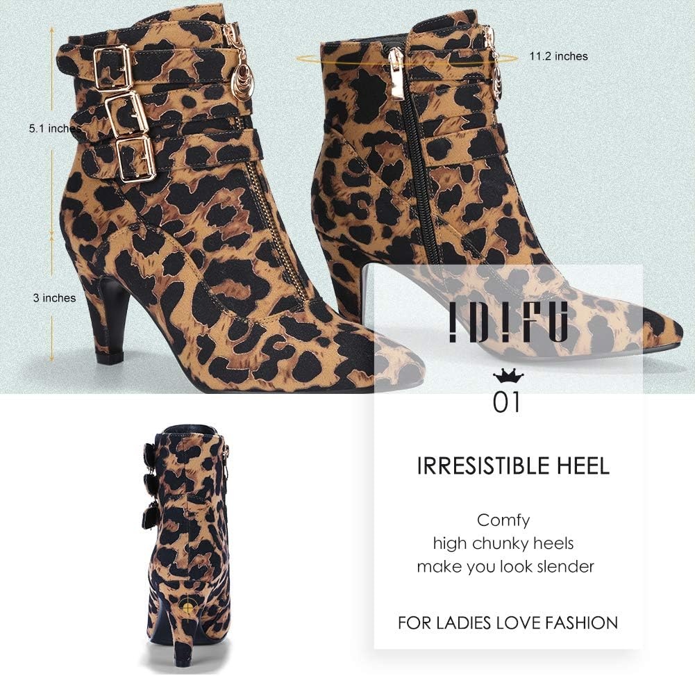 image:imageIDIFU Womens Pointed Toe Metal Buckle Two Strap Ankle Booties Side Zipper Kitten Heel Dress Classic Short BootsLeopard