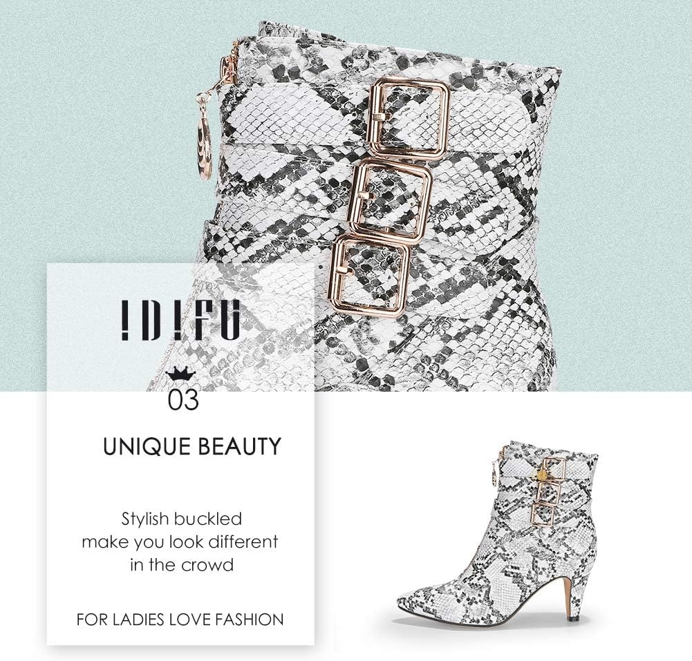 image:imageIDIFU Womens Pointed Toe Metal Buckle Two Strap Ankle Booties Side Zipper Kitten Heel Dress Classic Short BootsSnake White