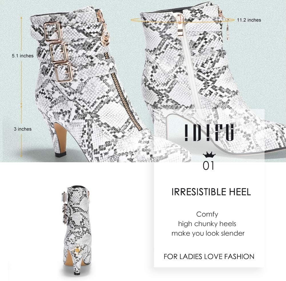 image:imageIDIFU Womens Pointed Toe Metal Buckle Two Strap Ankle Booties Side Zipper Kitten Heel Dress Classic Short BootsSnake White