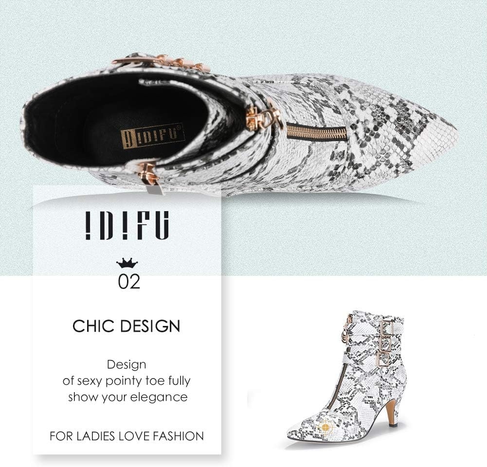 image:imageIDIFU Womens Pointed Toe Metal Buckle Two Strap Ankle Booties Side Zipper Kitten Heel Dress Classic Short BootsSnake White