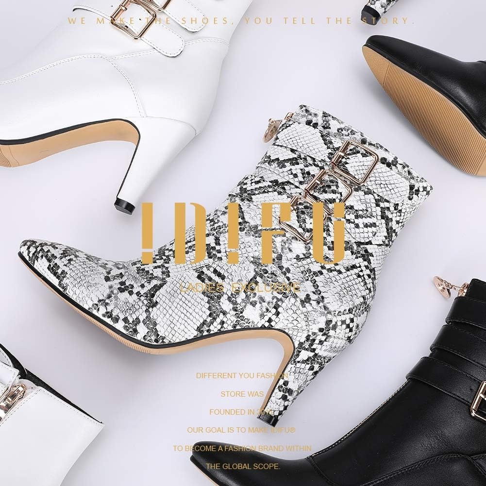 image:imageIDIFU Womens Pointed Toe Metal Buckle Two Strap Ankle Booties Side Zipper Kitten Heel Dress Classic Short BootsSnake White