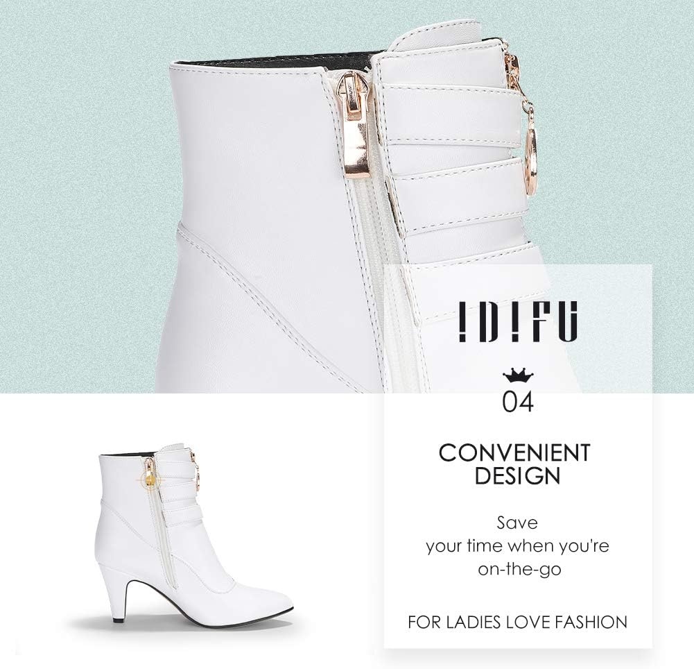image:imageIDIFU Womens Pointed Toe Metal Buckle Two Strap Ankle Booties Side Zipper Kitten Heel Dress Classic Short BootsWhite