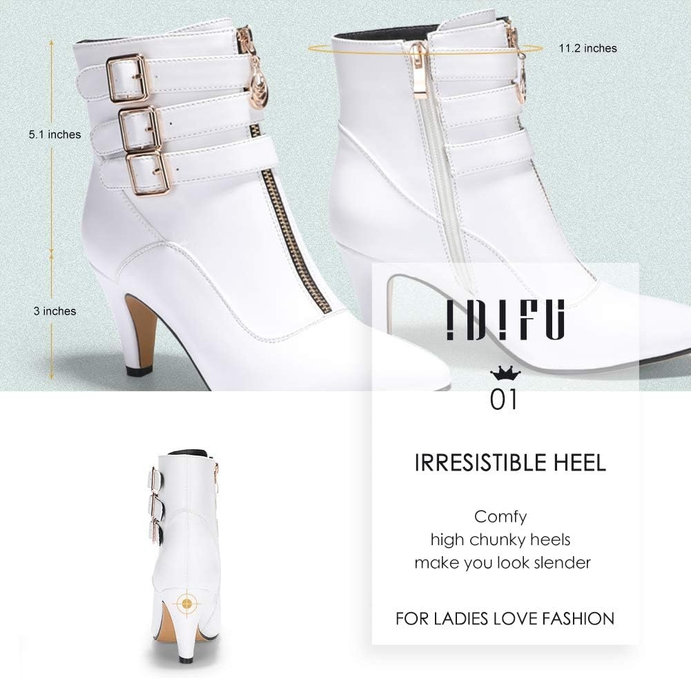 image:imageIDIFU Womens Pointed Toe Metal Buckle Two Strap Ankle Booties Side Zipper Kitten Heel Dress Classic Short BootsWhite