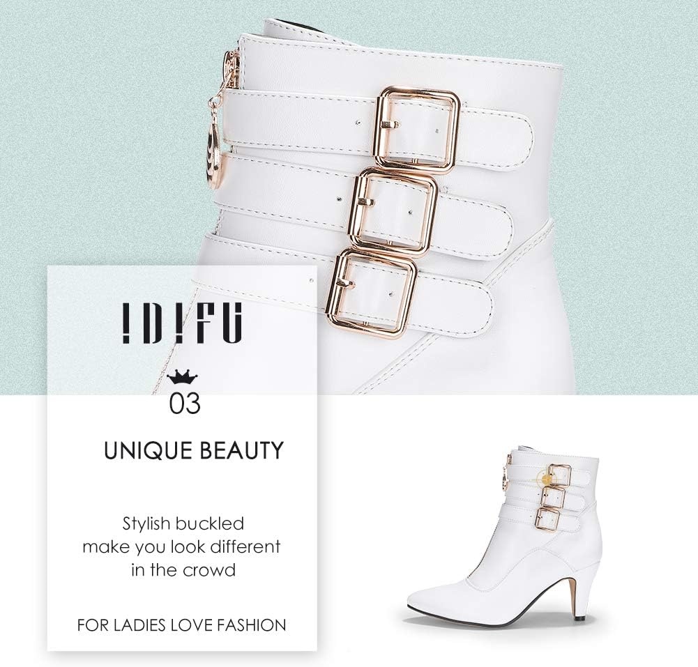 image:imageIDIFU Womens Pointed Toe Metal Buckle Two Strap Ankle Booties Side Zipper Kitten Heel Dress Classic Short BootsWhite