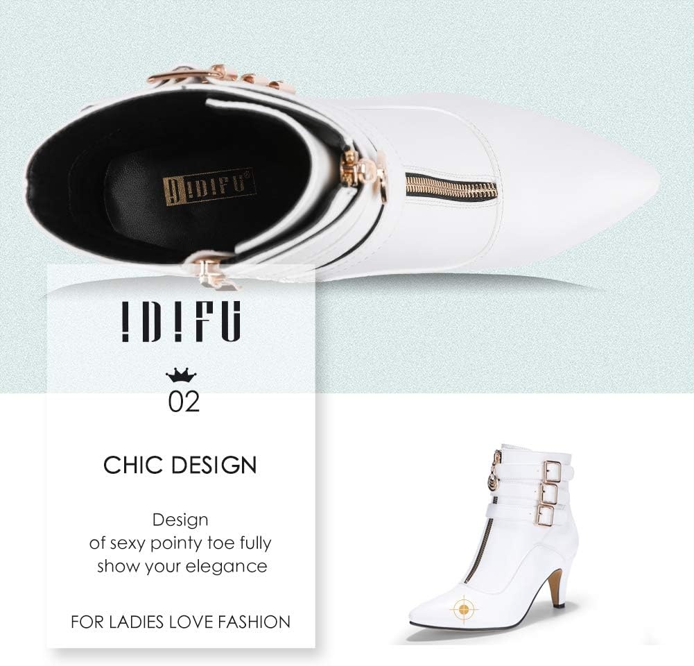 image:imageIDIFU Womens Pointed Toe Metal Buckle Two Strap Ankle Booties Side Zipper Kitten Heel Dress Classic Short BootsWhite
