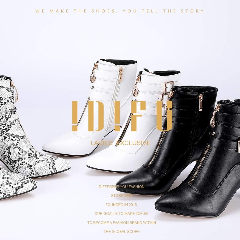 image:imageIDIFU Womens Pointed Toe Metal Buckle Two Strap Ankle Booties Side Zipper Kitten Heel Dress Classic Short BootsWhite