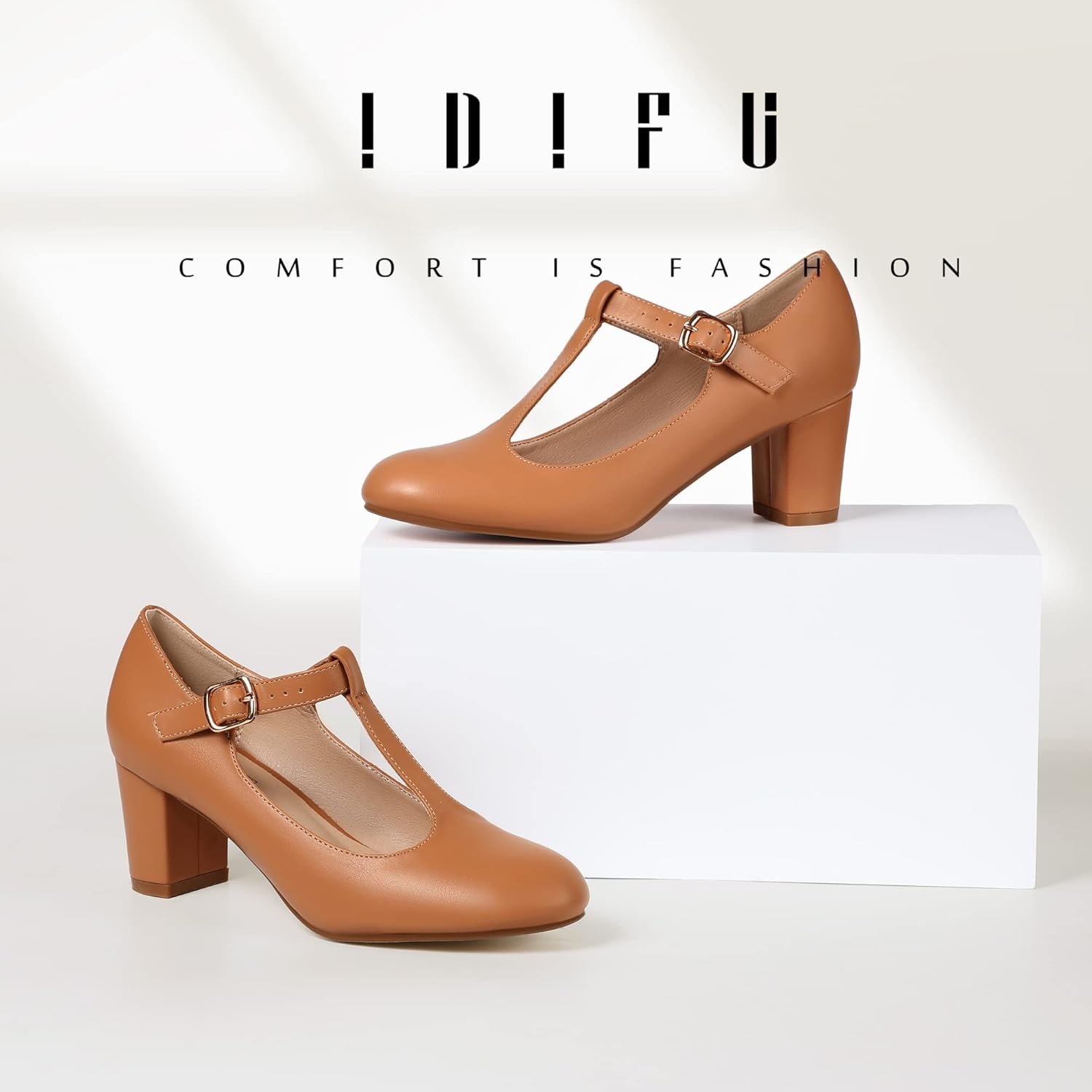 image:imageIDIFU Womens Pumps Dress Shoes for Women Mary Jane Low Chunky Closed Toe TStrap Womens Dress Shoes Wedding Shoes for Bride Black Nude Silver Heels for WomenNude Pu