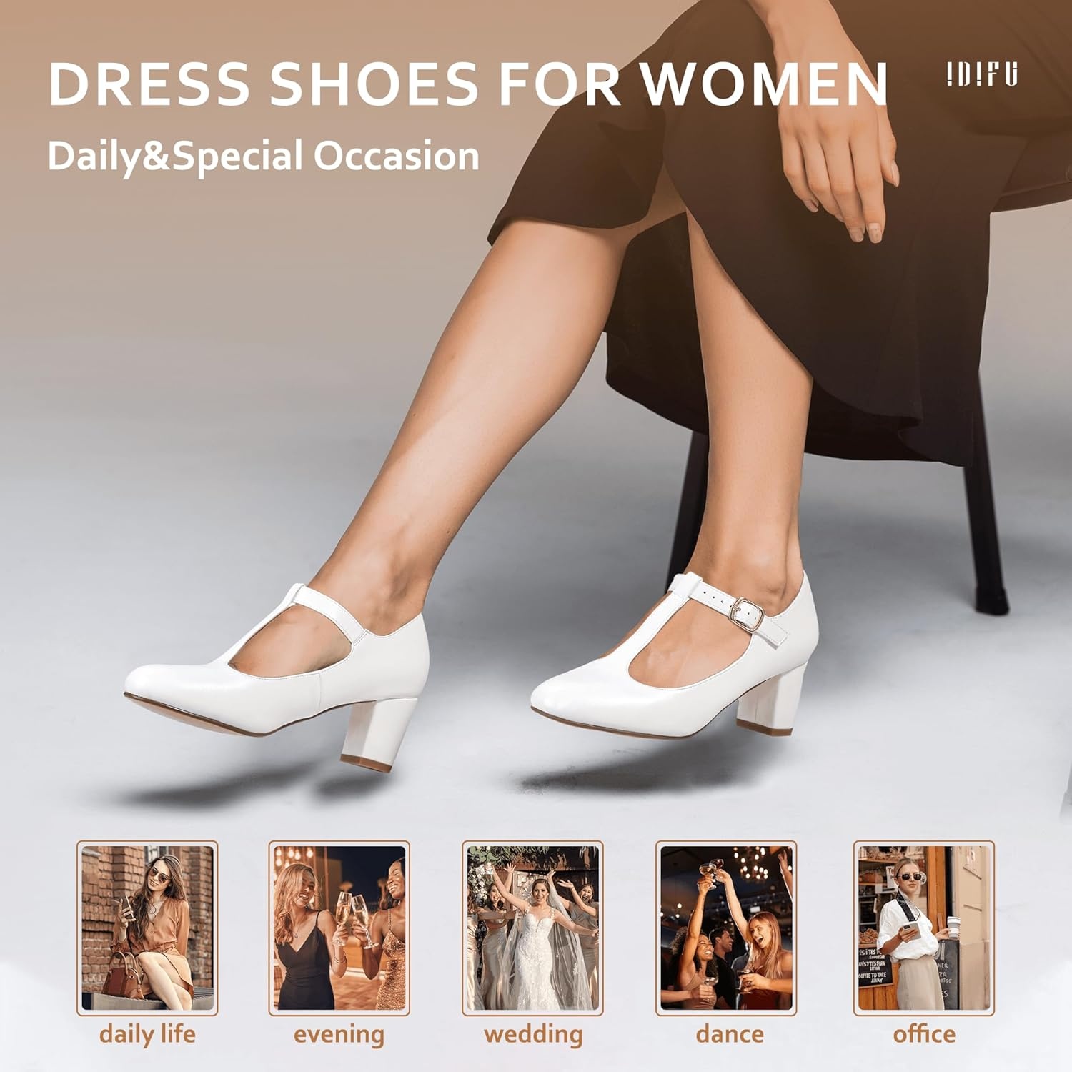 image:imageIDIFU Womens Pumps Dress Shoes for Women Mary Jane Low Chunky Closed Toe TStrap Womens Dress Shoes Wedding Shoes for Bride Black Nude Silver Heels for WomenWhite Pu