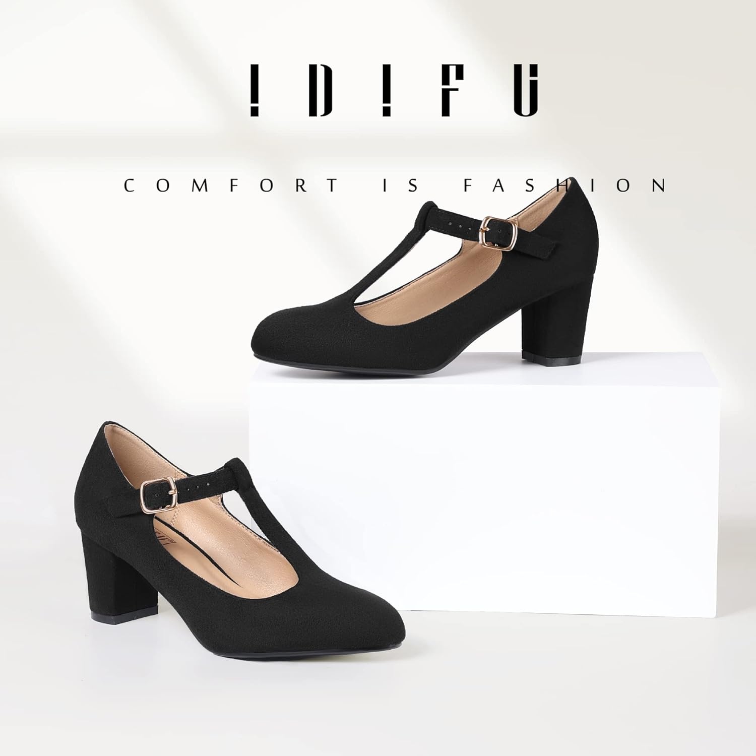 image:imageIDIFU Womens Pumps Dress Shoes for Women Mary Jane Low Chunky Closed Toe TStrap Womens Dress Shoes Wedding Shoes for Bride Black Nude Silver Heels for WomenBlack Suede