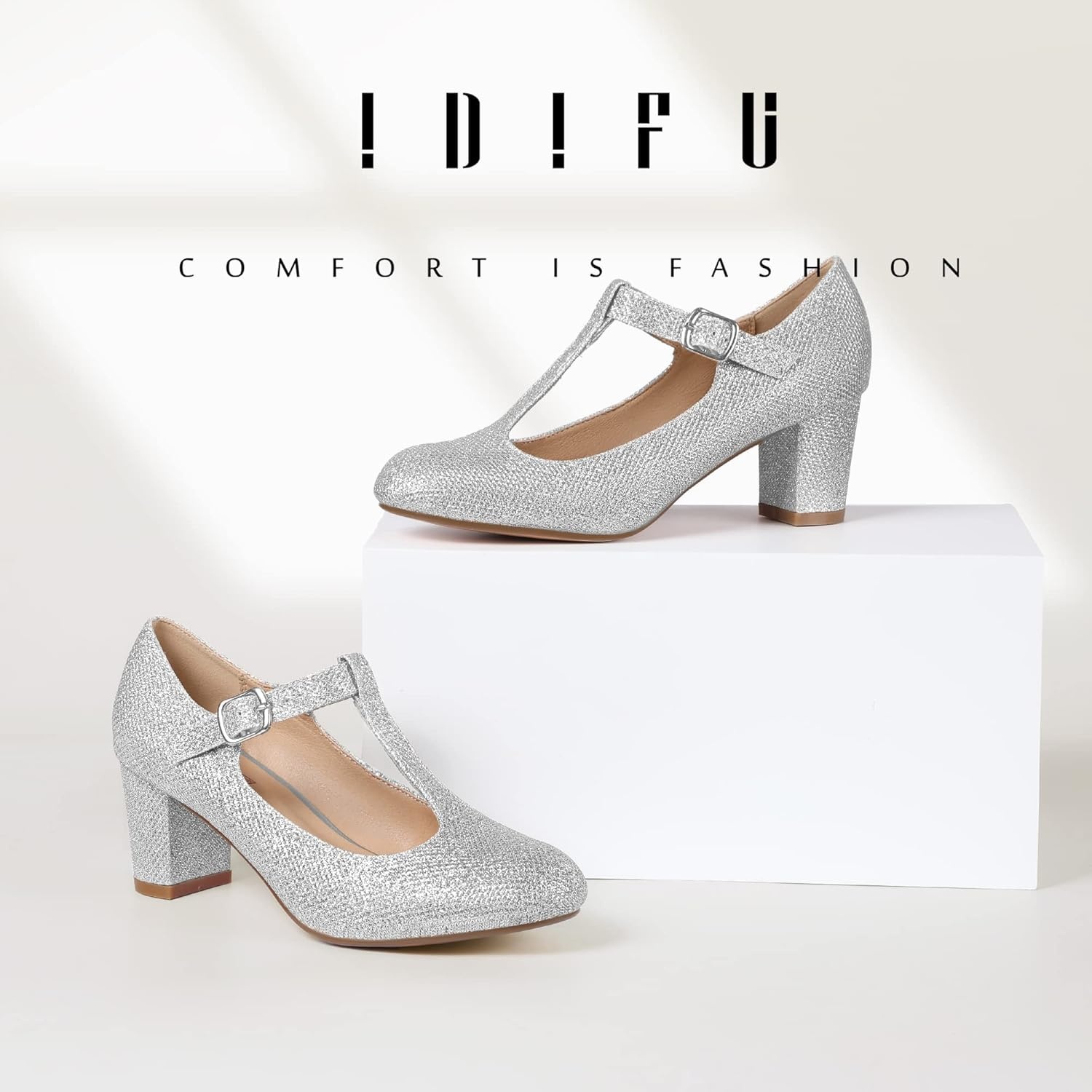 image:imageIDIFU Womens Pumps Dress Shoes for Women Mary Jane Low Chunky Closed Toe TStrap Womens Dress Shoes Wedding Shoes for Bride Black Nude Silver Heels for WomenSilver Glitter