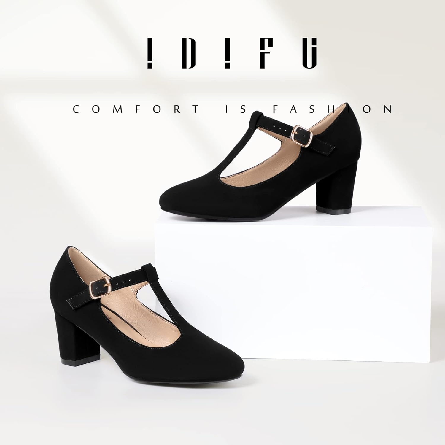 image:imageIDIFU Womens Pumps Dress Shoes for Women Mary Jane Low Chunky Closed Toe TStrap Womens Dress Shoes Wedding Shoes for Bride Black Nude Silver Heels for WomenBlack Nubuck