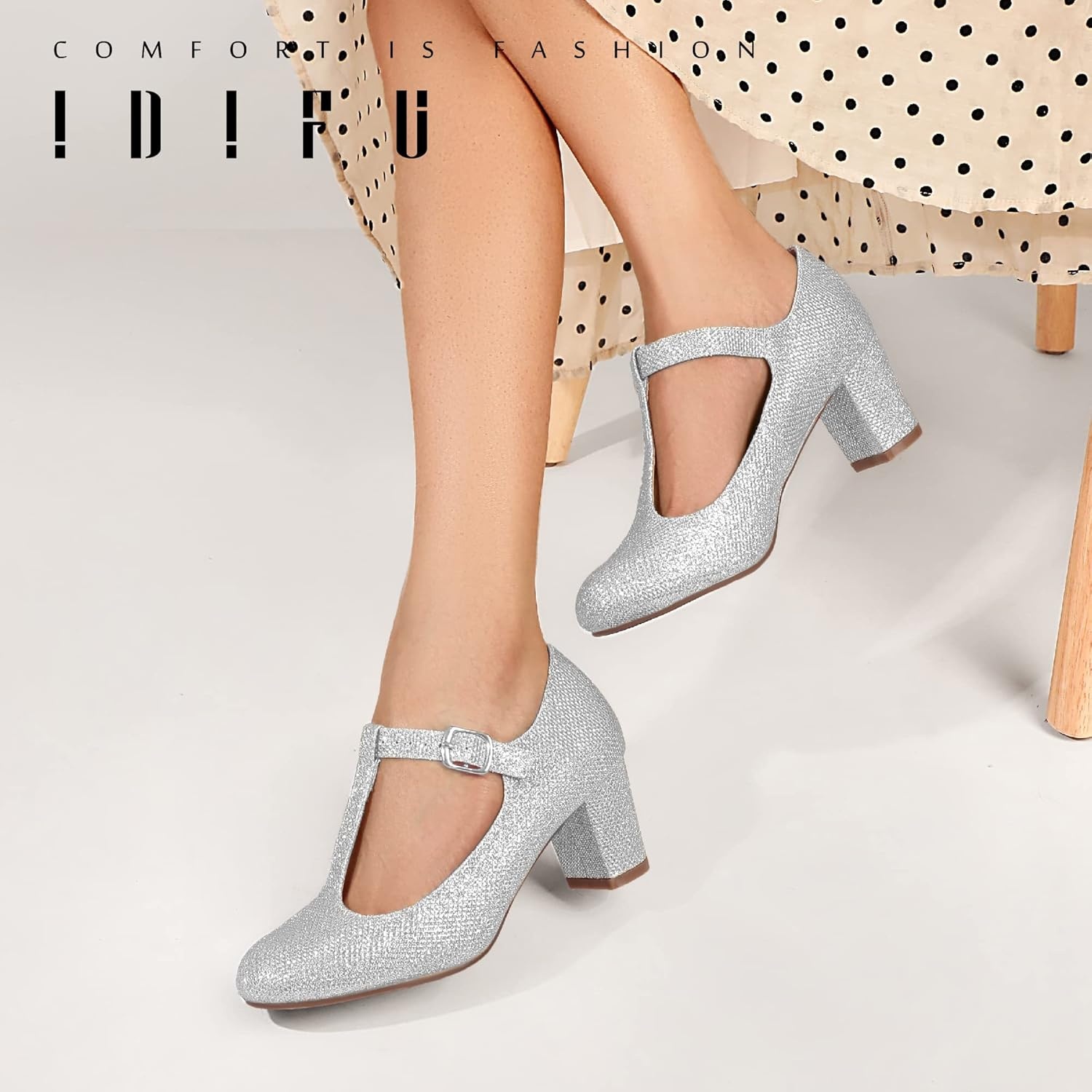 image:imageIDIFU Womens Pumps Dress Shoes for Women Mary Jane Low Chunky Closed Toe TStrap Womens Dress Shoes Wedding Shoes for Bride Black Nude Silver Heels for WomenSilver Glitter