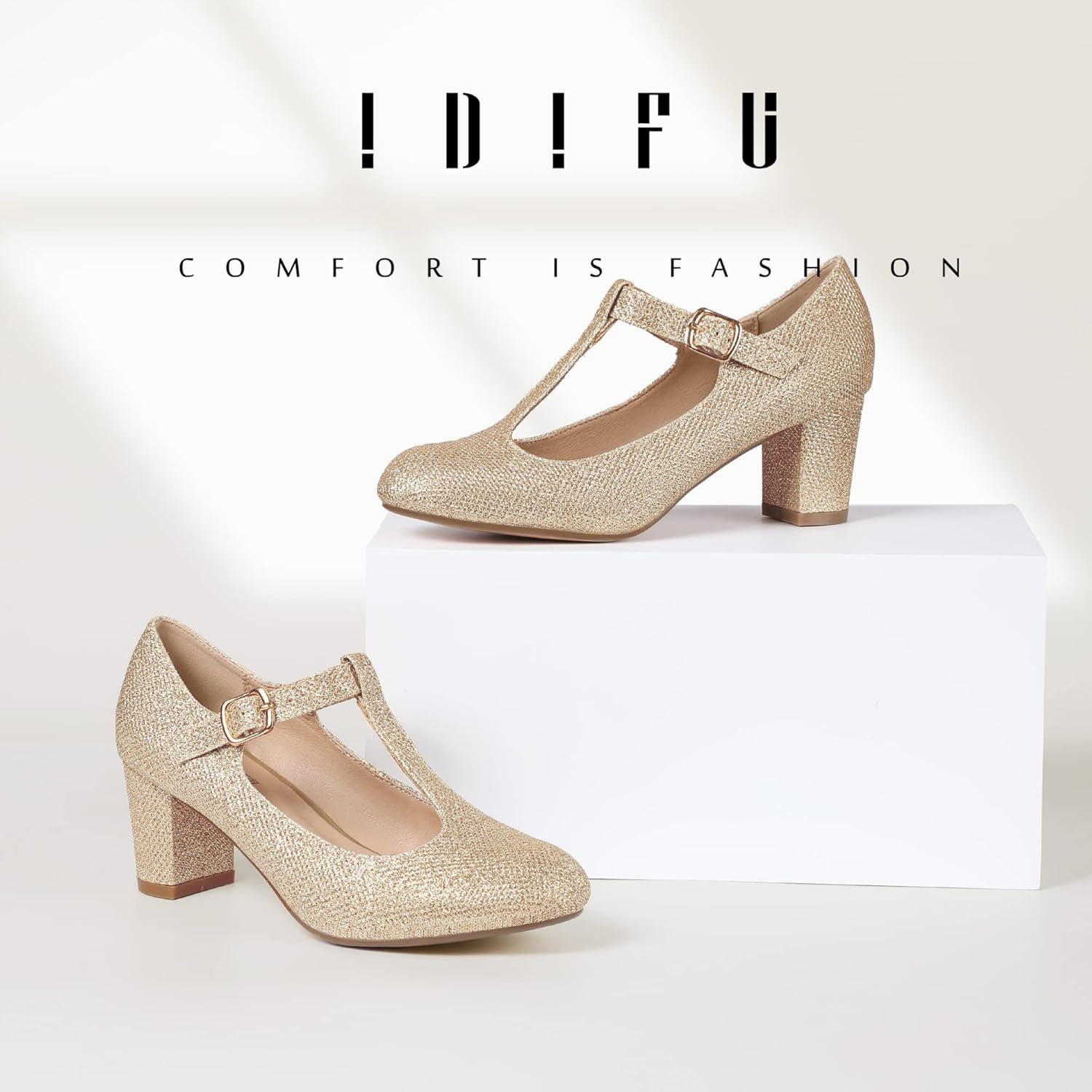 image:imageIDIFU Womens Pumps Dress Shoes for Women Mary Jane Low Chunky Closed Toe TStrap Womens Dress Shoes Wedding Shoes for Bride Black Nude Silver Heels for WomenGold Glitter