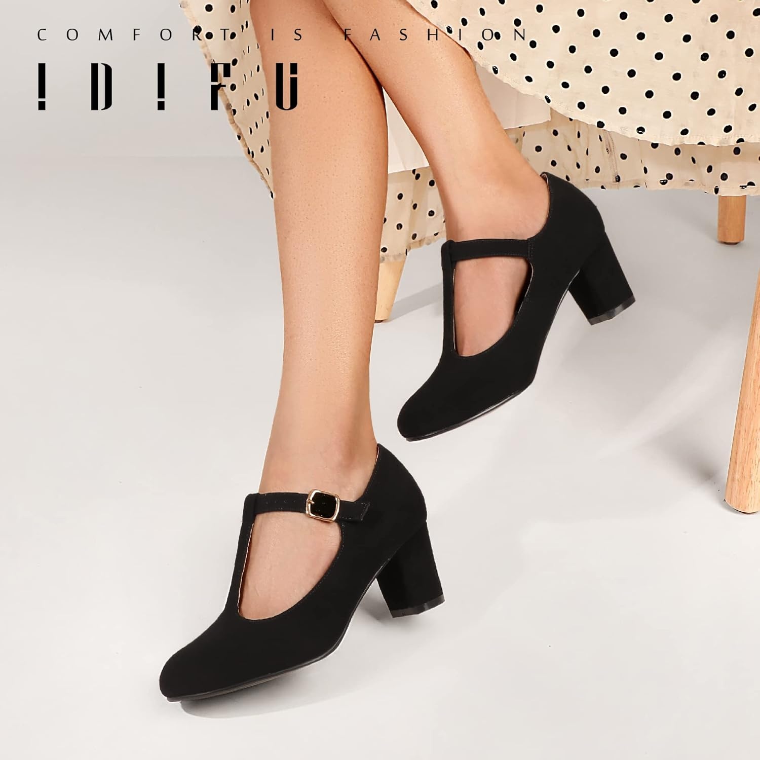 image:imageIDIFU Womens Pumps Dress Shoes for Women Mary Jane Low Chunky Closed Toe TStrap Womens Dress Shoes Wedding Shoes for Bride Black Nude Silver Heels for WomenBlack Nubuck