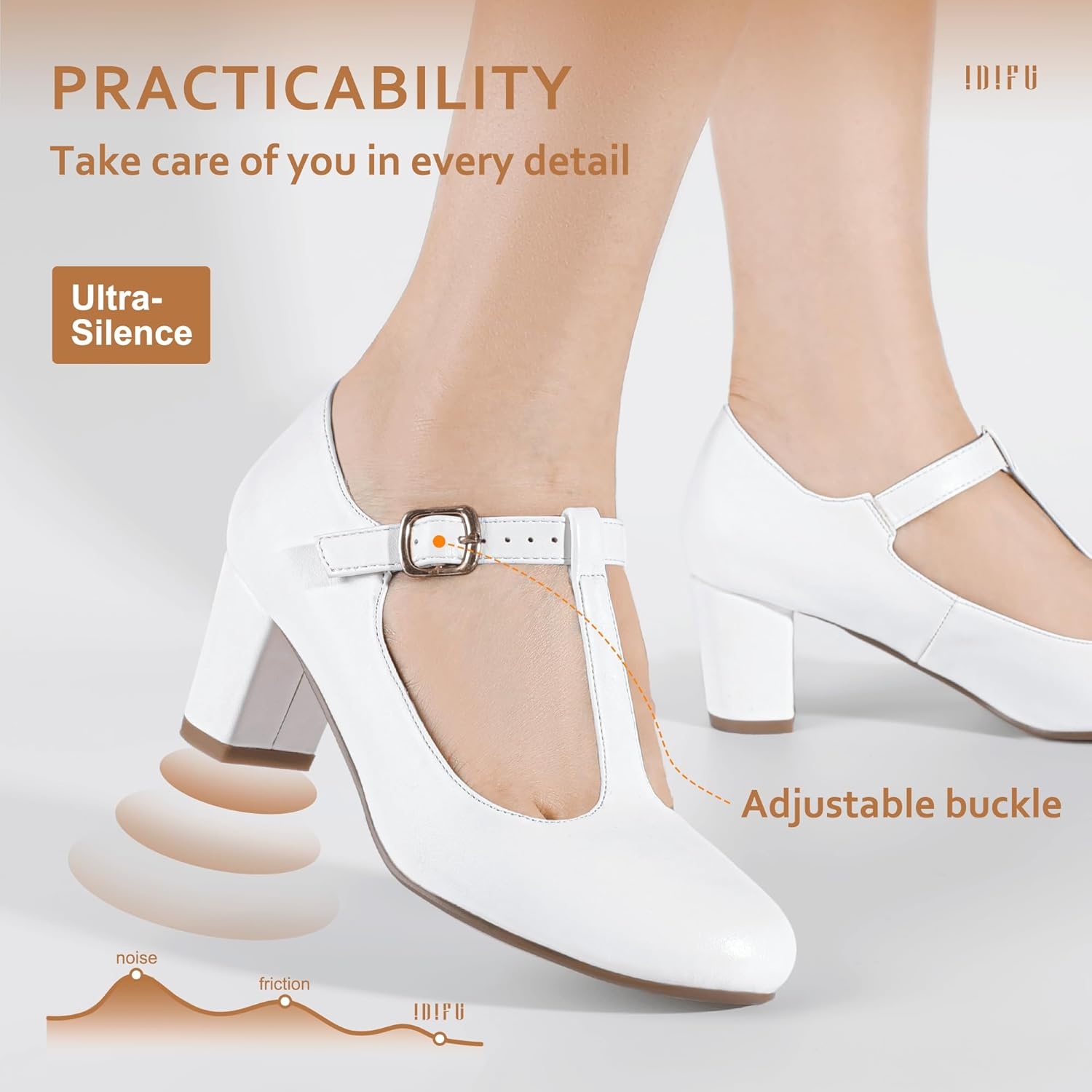 image:imageIDIFU Womens Pumps Dress Shoes for Women Mary Jane Low Chunky Closed Toe TStrap Womens Dress Shoes Wedding Shoes for Bride Black Nude Silver Heels for WomenWhite Pu