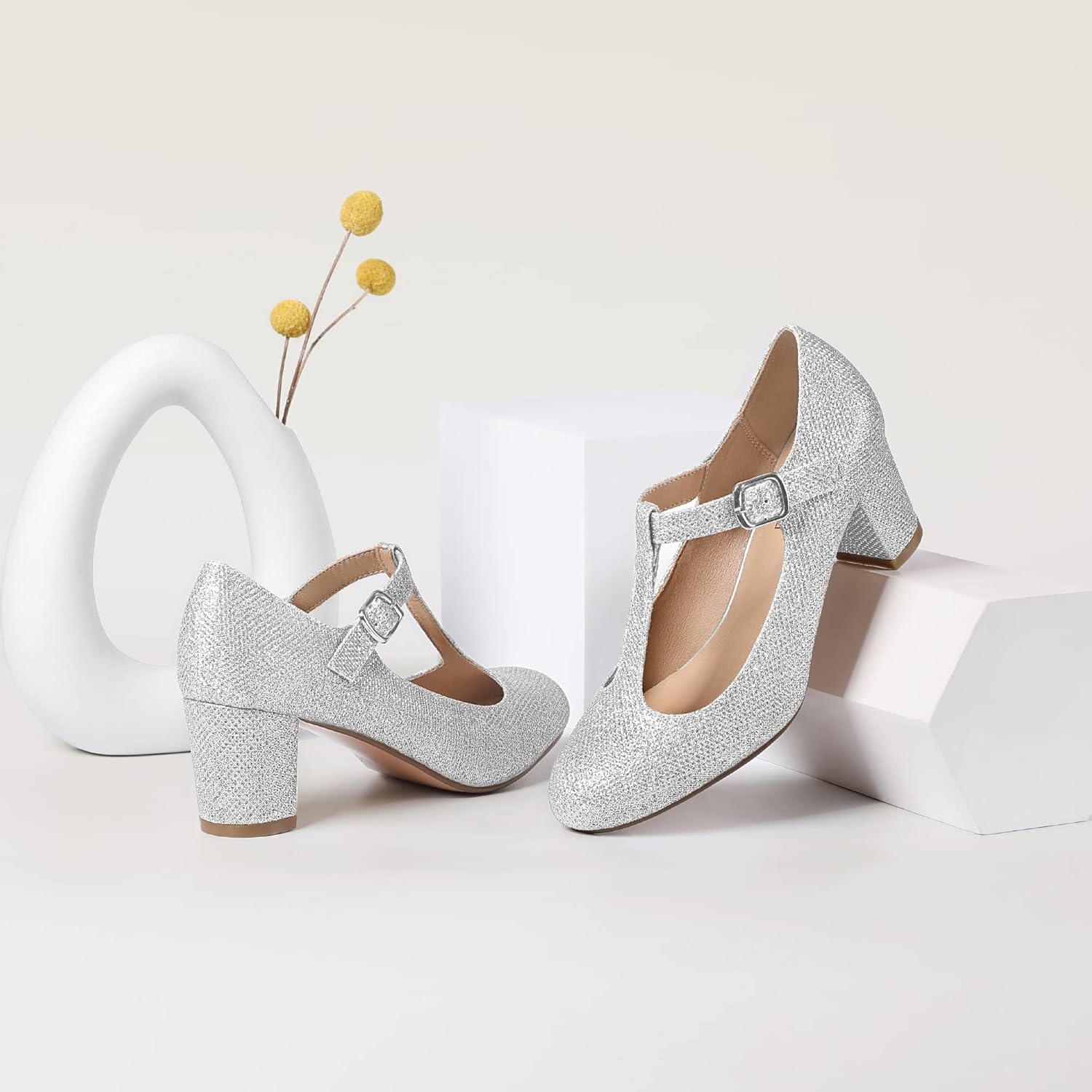 image:imageIDIFU Womens Pumps Dress Shoes for Women Mary Jane Low Chunky Closed Toe TStrap Womens Dress Shoes Wedding Shoes for Bride Black Nude Silver Heels for WomenSilver Glitter