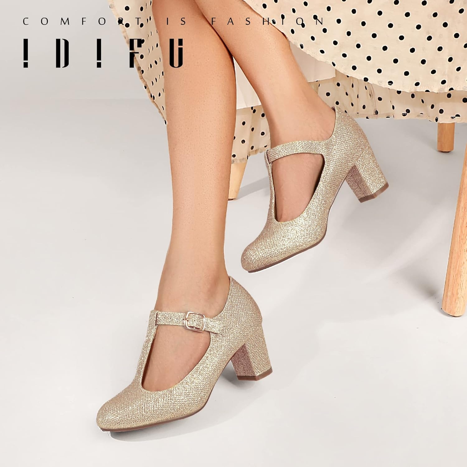 image:imageIDIFU Womens Pumps Dress Shoes for Women Mary Jane Low Chunky Closed Toe TStrap Womens Dress Shoes Wedding Shoes for Bride Black Nude Silver Heels for WomenGold Glitter