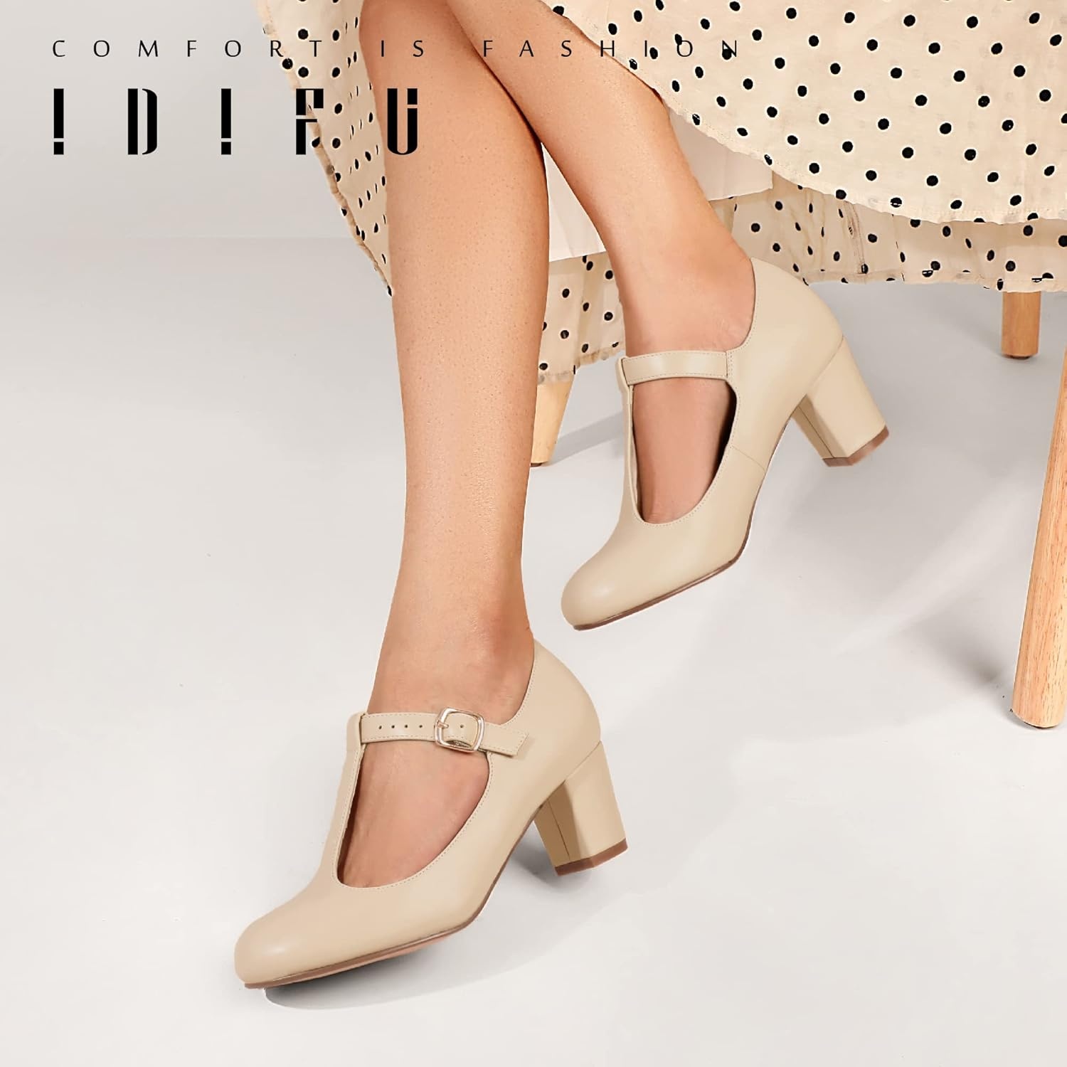 image:imageIDIFU Womens Pumps Dress Shoes for Women Mary Jane Low Chunky Closed Toe TStrap Womens Dress Shoes Wedding Shoes for Bride Black Nude Silver Heels for WomenBeige Pu