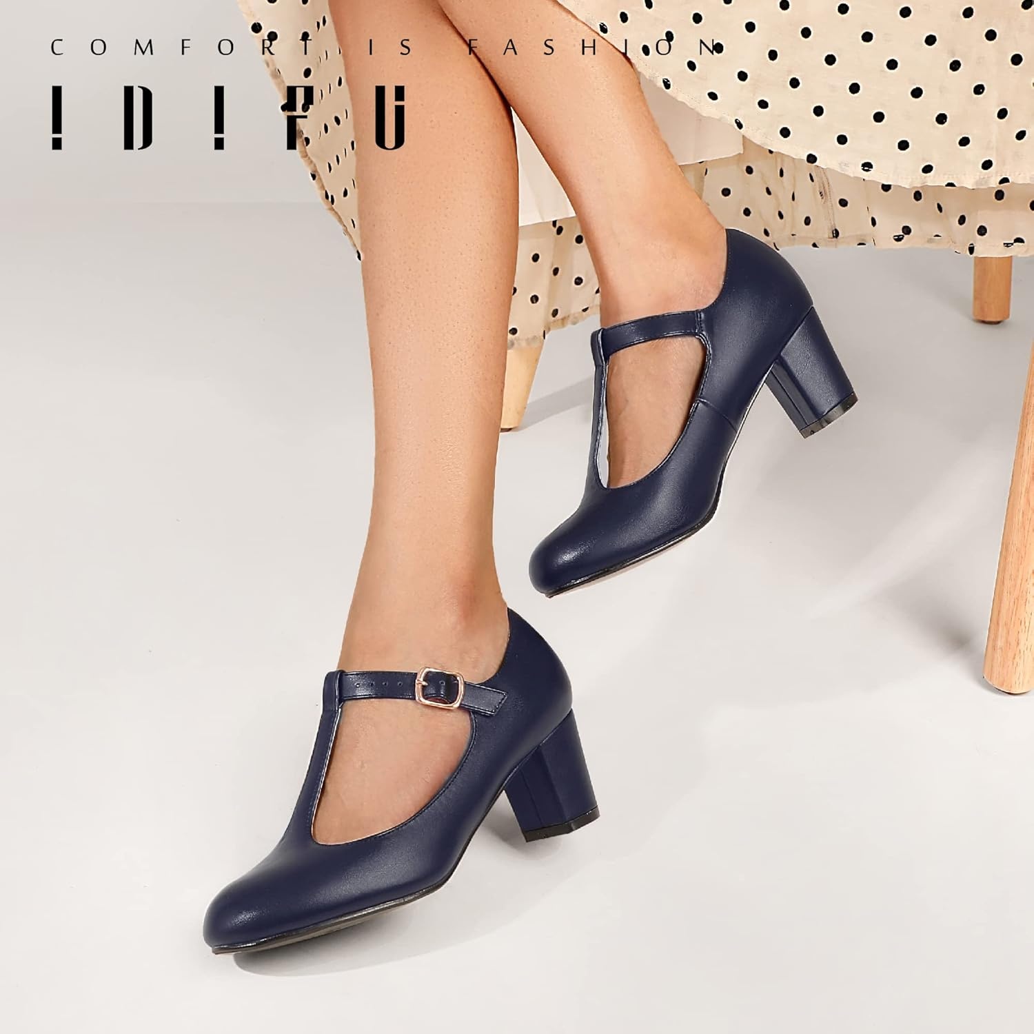 image:imageIDIFU Womens Pumps Dress Shoes for Women Mary Jane Low Chunky Closed Toe TStrap Womens Dress Shoes Wedding Shoes for Bride Black Nude Silver Heels for WomenNavy Pu