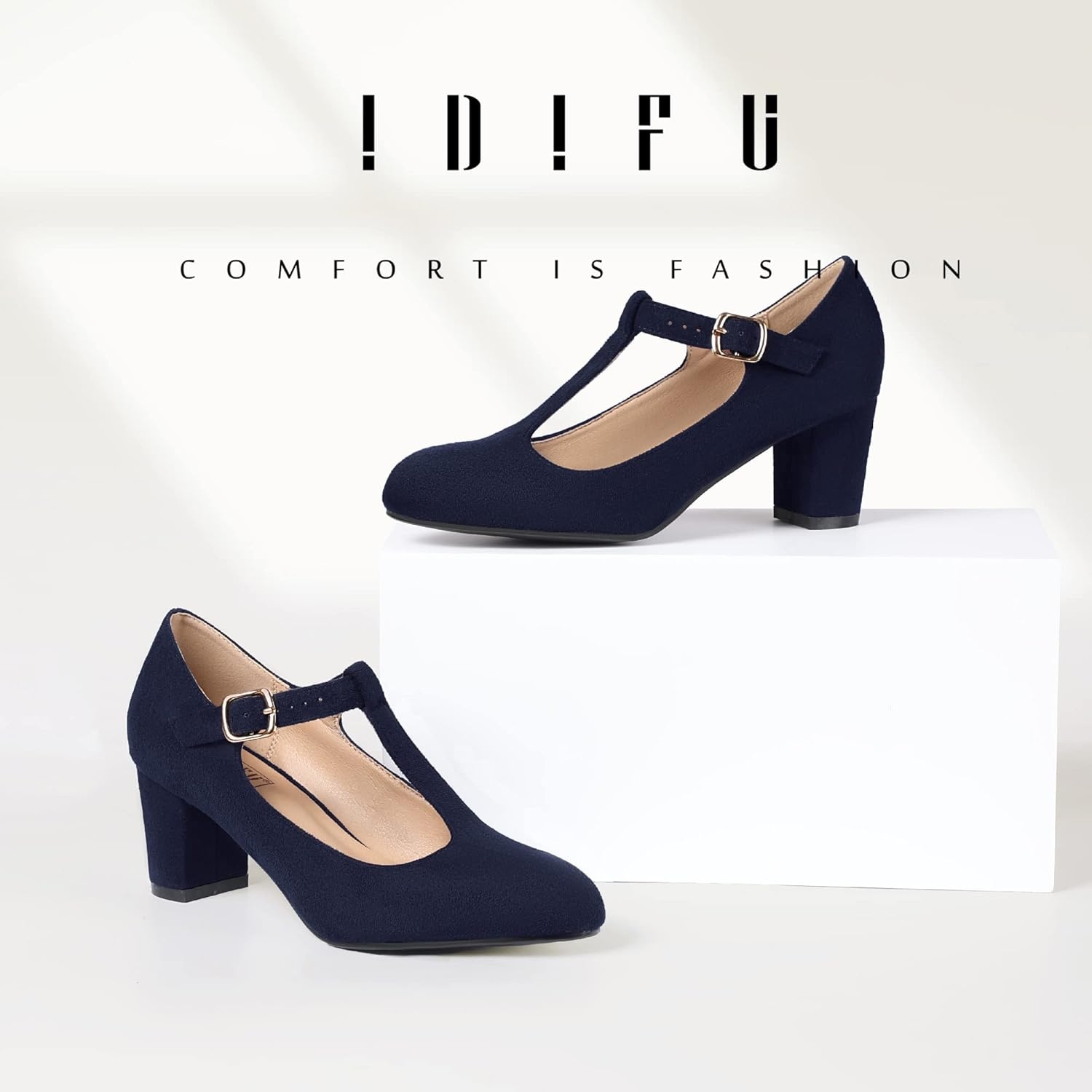 image:imageIDIFU Womens Pumps Dress Shoes for Women Mary Jane Low Chunky Closed Toe TStrap Womens Dress Shoes Wedding Shoes for Bride Black Nude Silver Heels for WomenBlue Suede