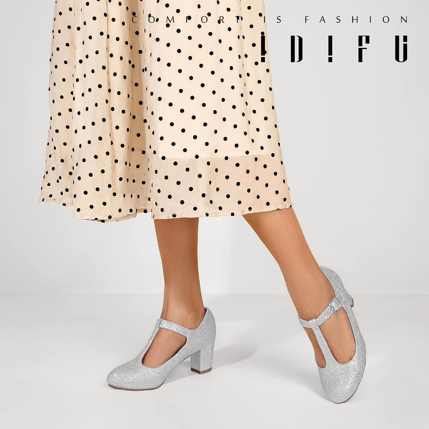 image:imageIDIFU Womens Pumps Dress Shoes for Women Mary Jane Low Chunky Closed Toe TStrap Womens Dress Shoes Wedding Shoes for Bride Black Nude Silver Heels for WomenSilver Glitter