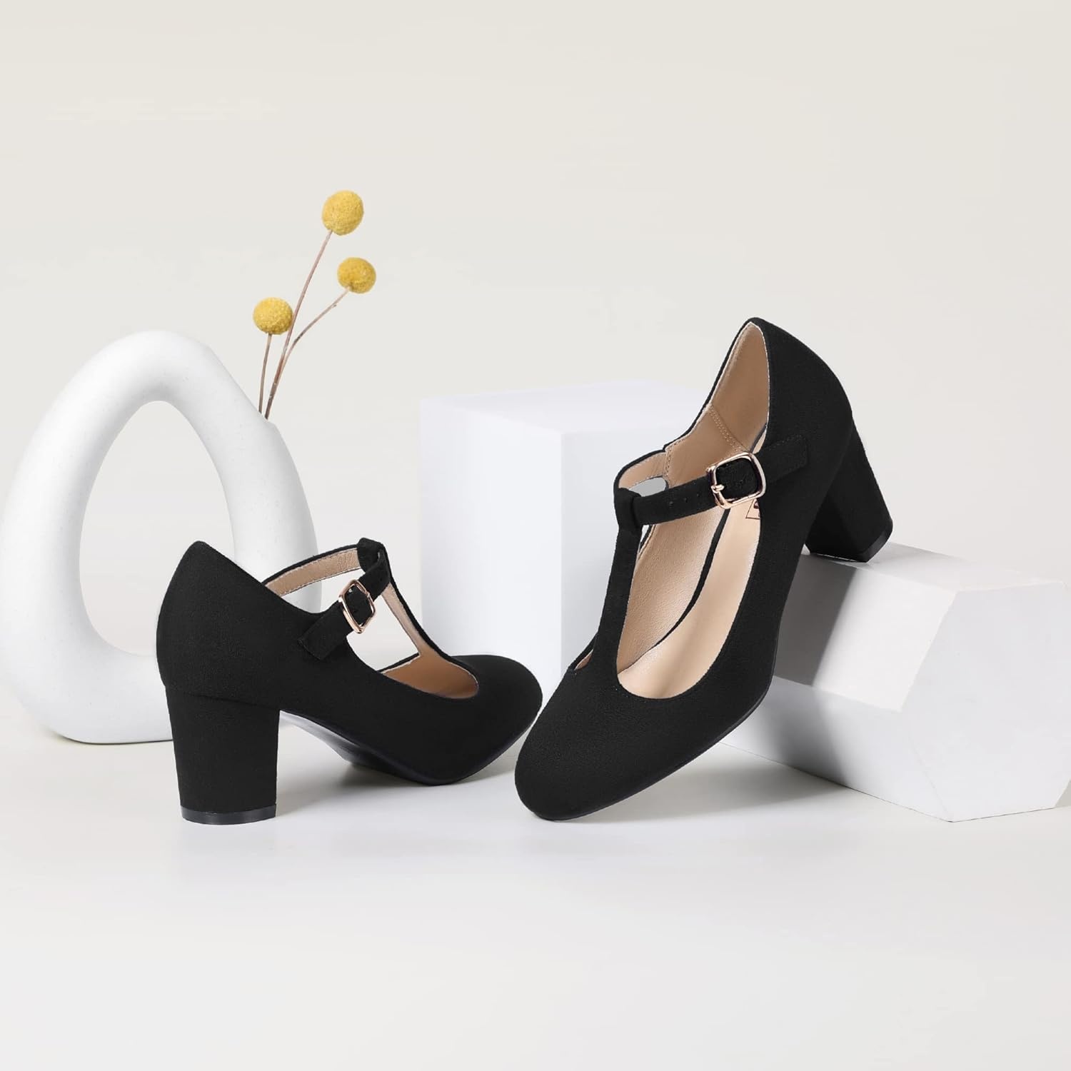 image:imageIDIFU Womens Pumps Dress Shoes for Women Mary Jane Low Chunky Closed Toe TStrap Womens Dress Shoes Wedding Shoes for Bride Black Nude Silver Heels for WomenBlack Suede