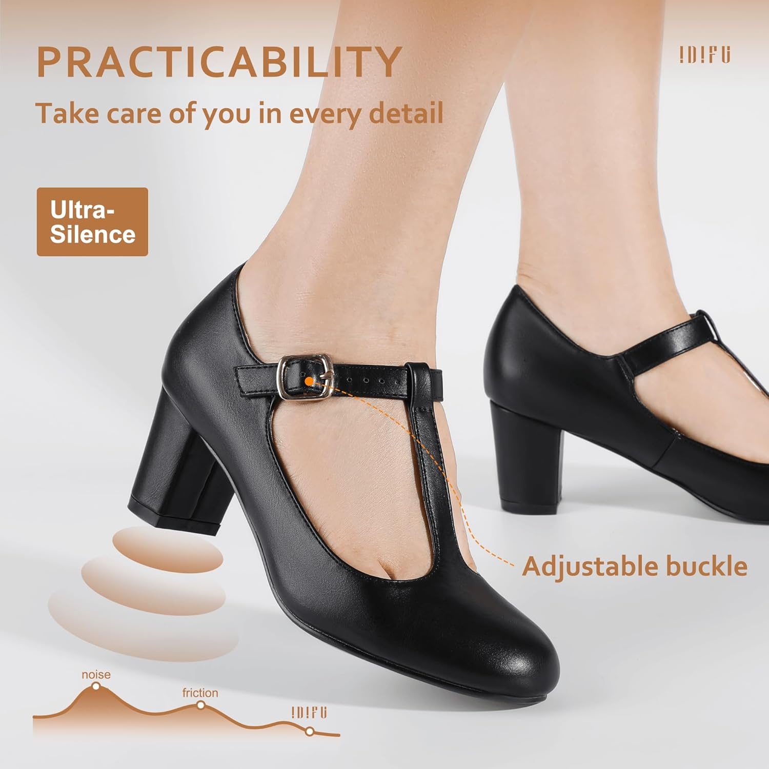 image:imageIDIFU Womens Pumps Dress Shoes for Women Mary Jane Low Chunky Closed Toe TStrap Womens Dress Shoes Wedding Shoes for Bride Black Nude Silver Heels for WomenBlack Pu